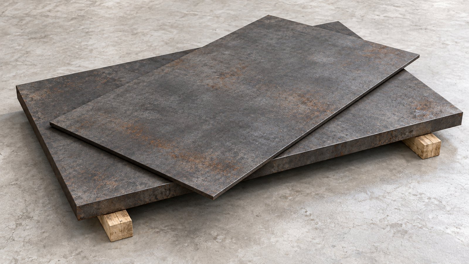 Representative product image: a flat weathering-steel plate on timber supports with a thinner sheet laid diagonally across it. Predominantly grey steel with light, patchy surface rust.