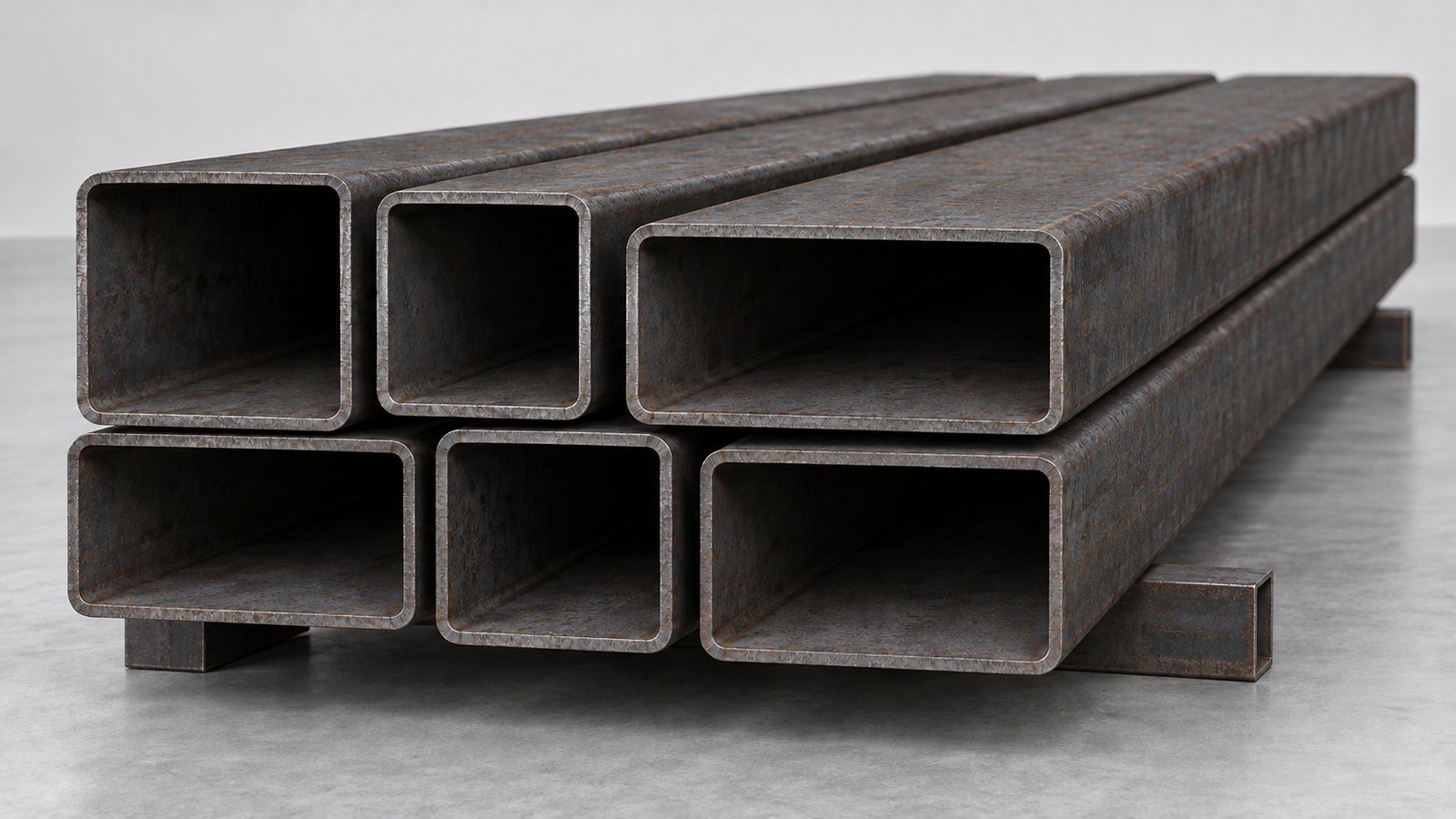 Representative product image: square and rectangular steel hollow sections stacked with open ends facing forward. Predominantly grey steel with light, patchy surface rust.