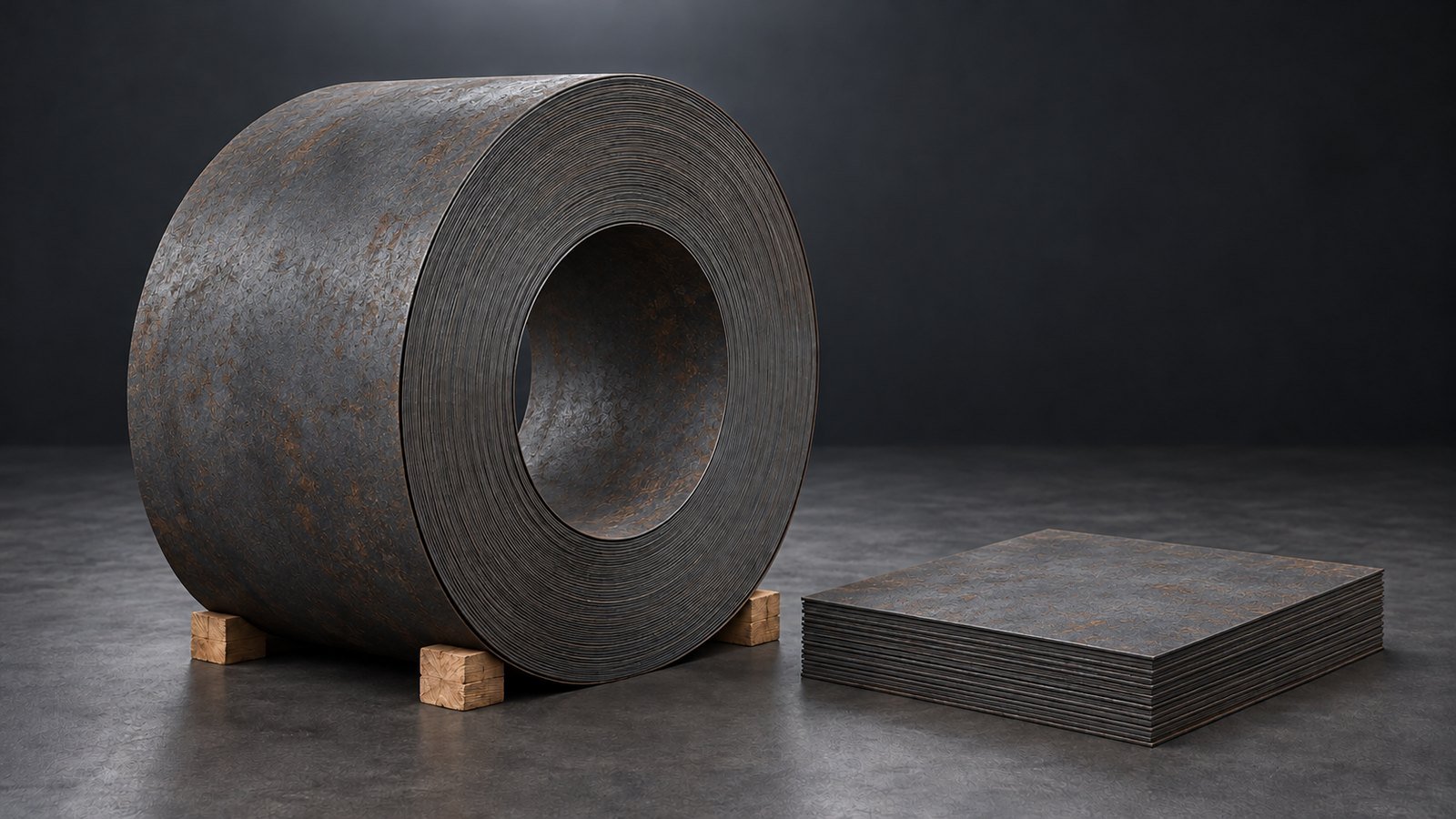 Representative product image: a tightly wound weathering-steel coil with a visible hollow eye beside stacked thin sheets. Predominantly grey steel with light, patchy surface rust.