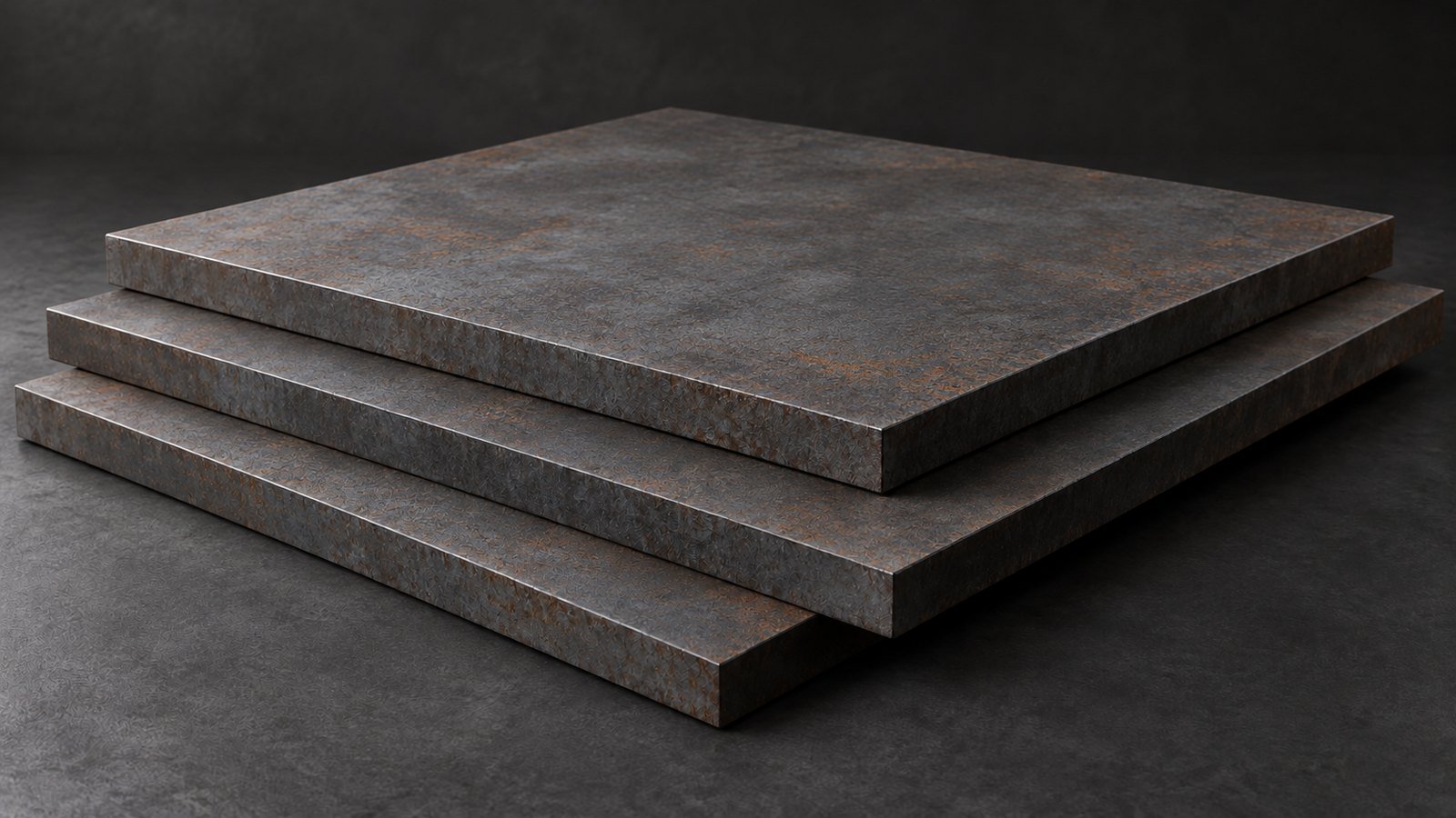 Representative product image: three weathering-steel plates arranged in an offset stepped stack on a dark studio floor. Predominantly grey steel with light, patchy surface rust.