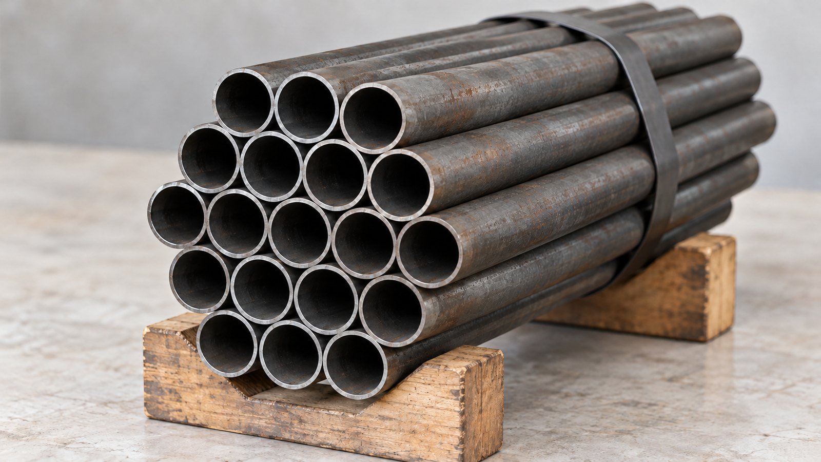 Representative product image: a strapped bundle of small round steel tubes on wooden cradles, with thin-walled open ends visible. Predominantly grey steel with light, patchy surface rust.