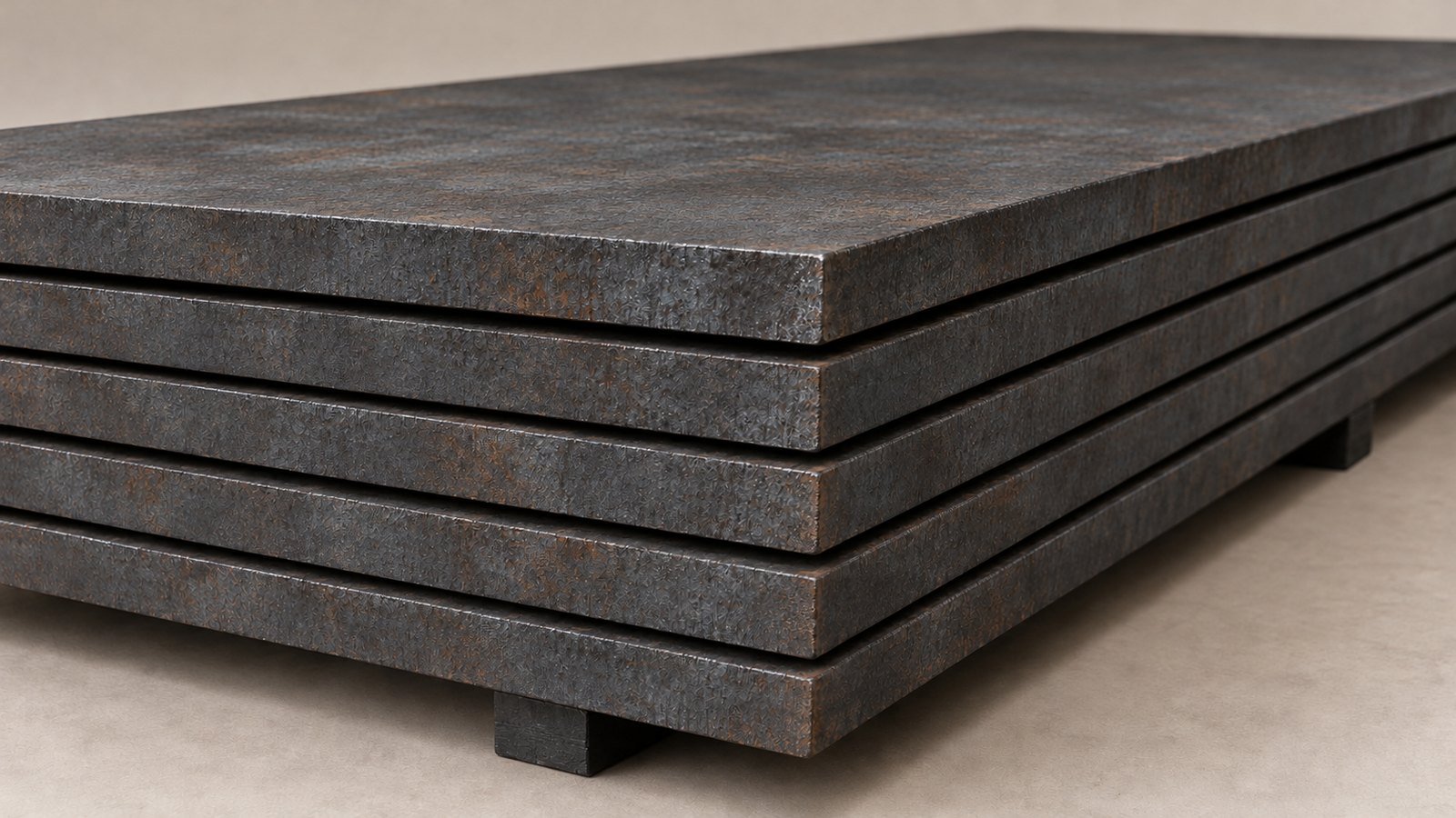 Representative product image: stacked weathering-steel plates showing their layered cut edges and flat upper surface. Predominantly grey steel with light, patchy surface rust.