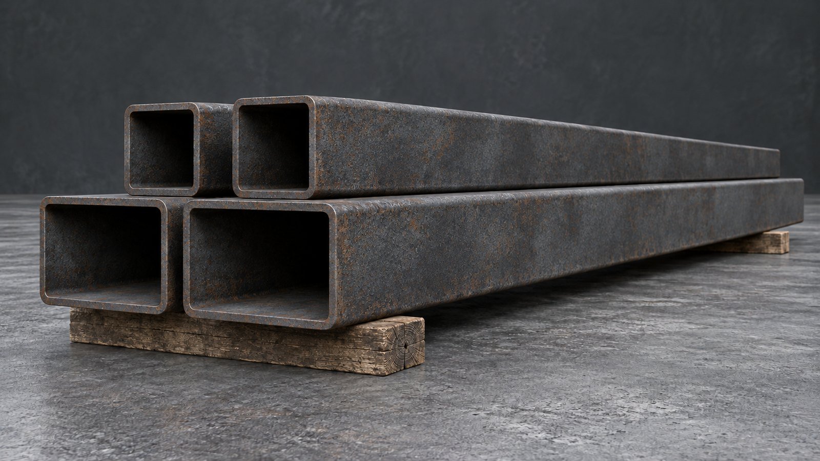 Representative product image: four weathering-steel square and rectangular hollow sections stacked on timber sleepers. Predominantly grey steel with light, patchy surface rust.