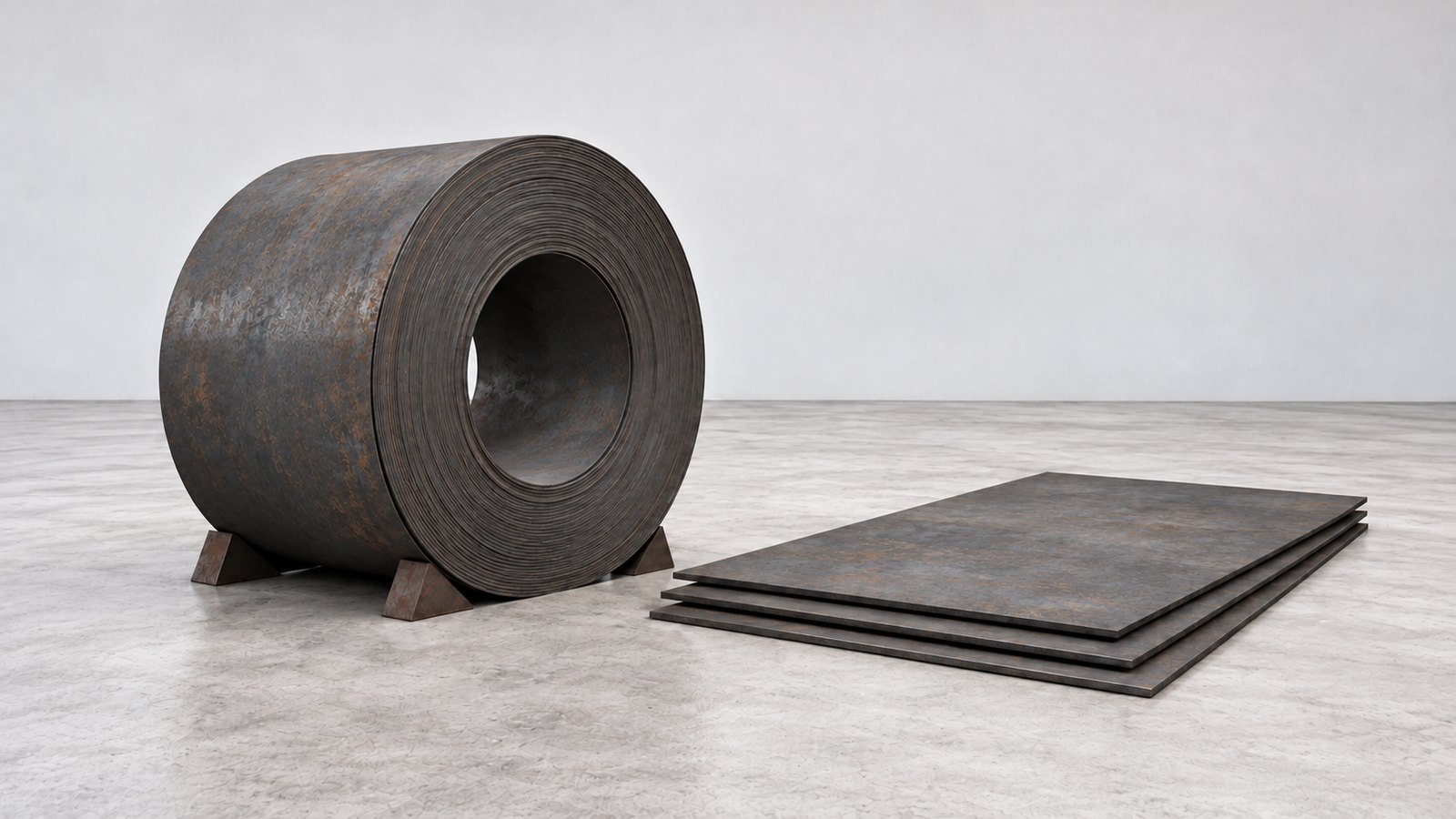 Representative product image: a weathering-steel coil with its circular eye visible beside three stacked flat steel sheets. Predominantly grey steel with light, patchy surface rust.