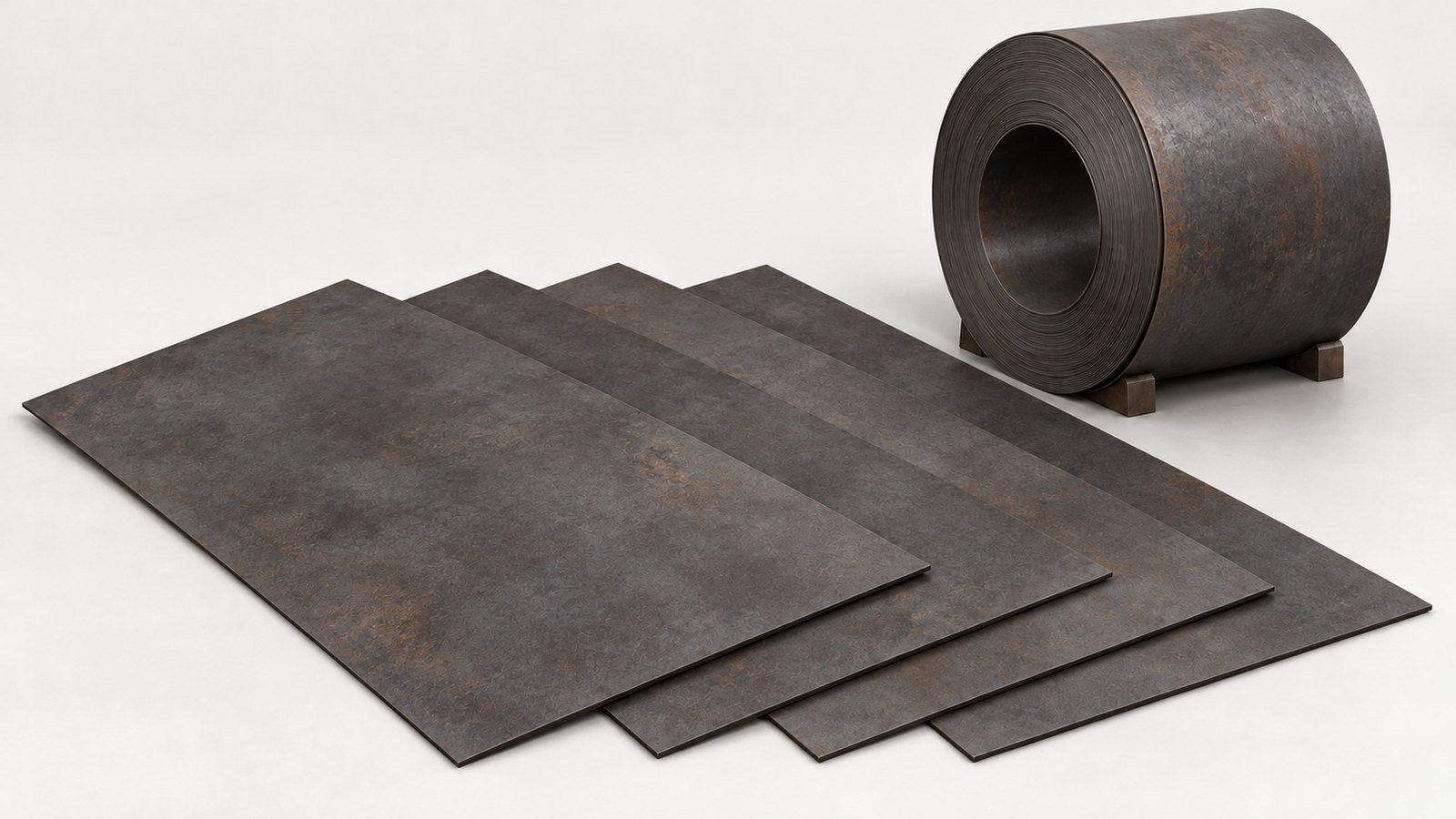 Representative product image: four thin weathering-steel sheets in an offset arrangement beside a compact upright steel coil. Predominantly grey steel with light, patchy surface rust.