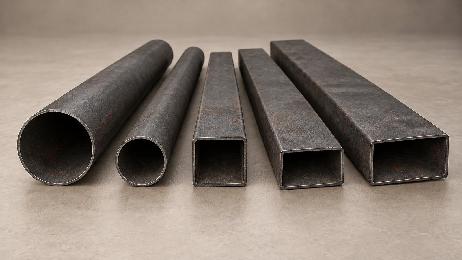 Representative product image: round, square and rectangular weathering-steel tubes arranged side by side with open ends visible. Predominantly grey steel with light, patchy surface rust.