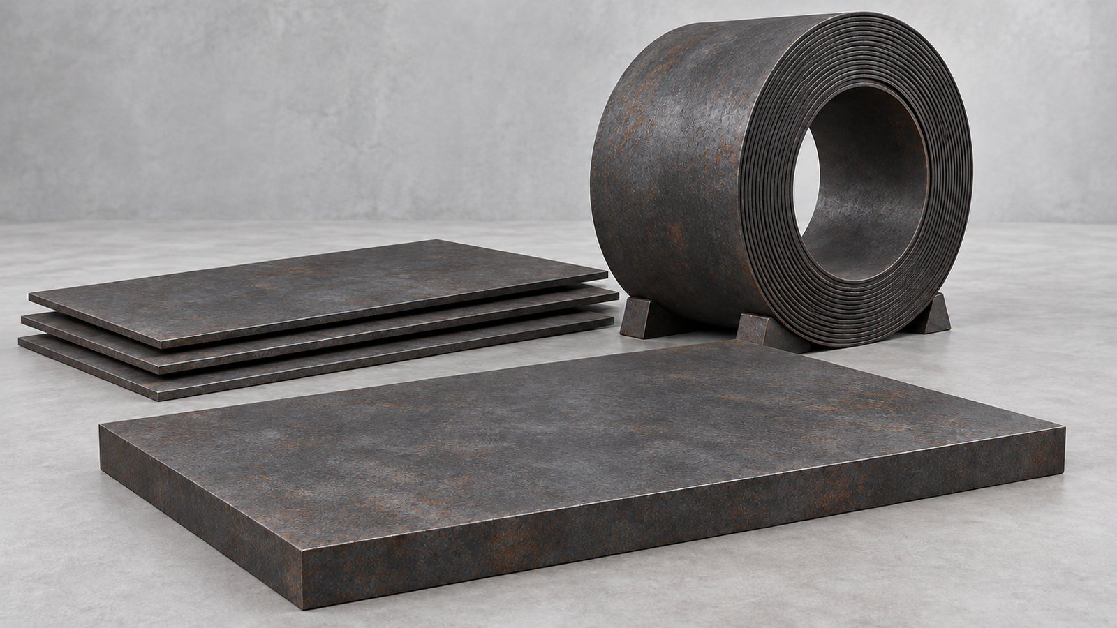 Representative product image: a thick weathering-steel plate, a stack of thin sheets and an upright steel coil with a visible eye. Predominantly grey steel with light, patchy surface rust.