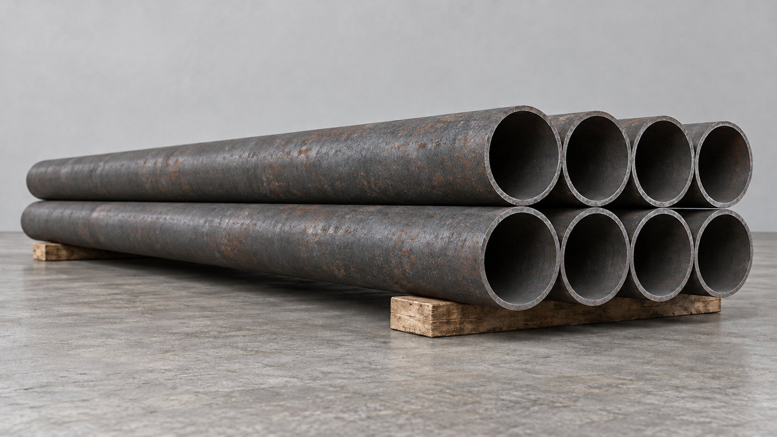 Representative product image: round weathering-steel tubes stacked in two horizontal rows on timber supports, with open ends facing right. Predominantly grey steel with light, patchy surface rust.