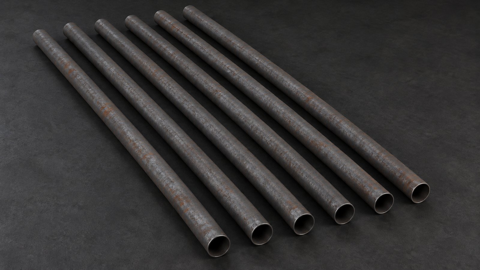 Representative product image: six slender round weathering-steel tubes arranged separately in a parallel row on a charcoal surface. Predominantly grey steel with light, patchy surface rust.