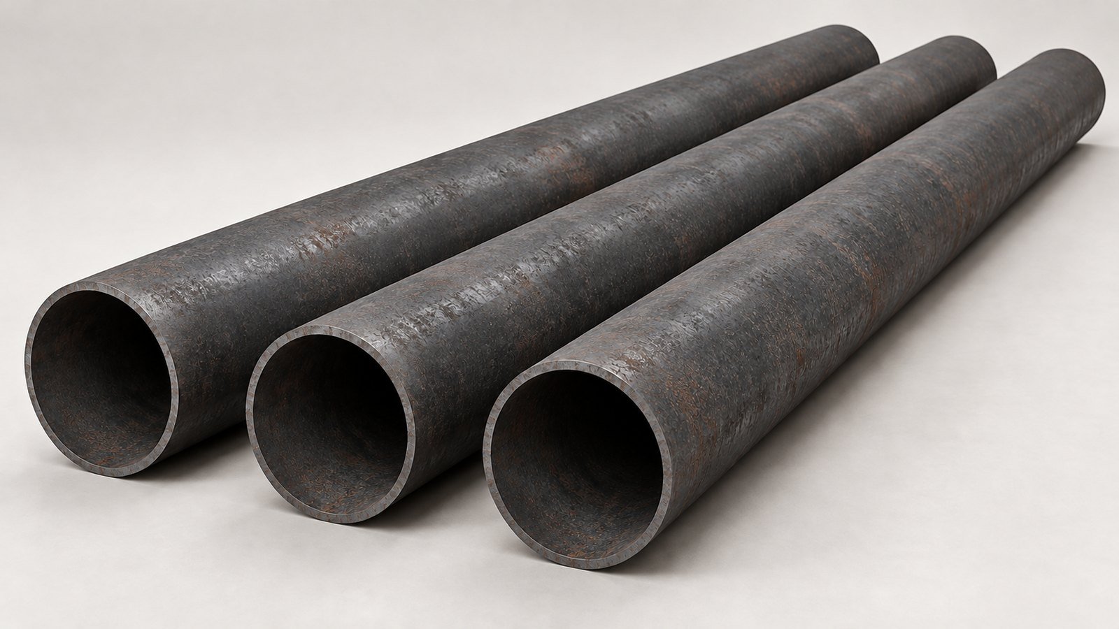 Representative product image: three round weathering-steel tubes laid diagonally on a pale studio floor, with open circular ends visible. Predominantly grey steel with light, patchy surface rust.