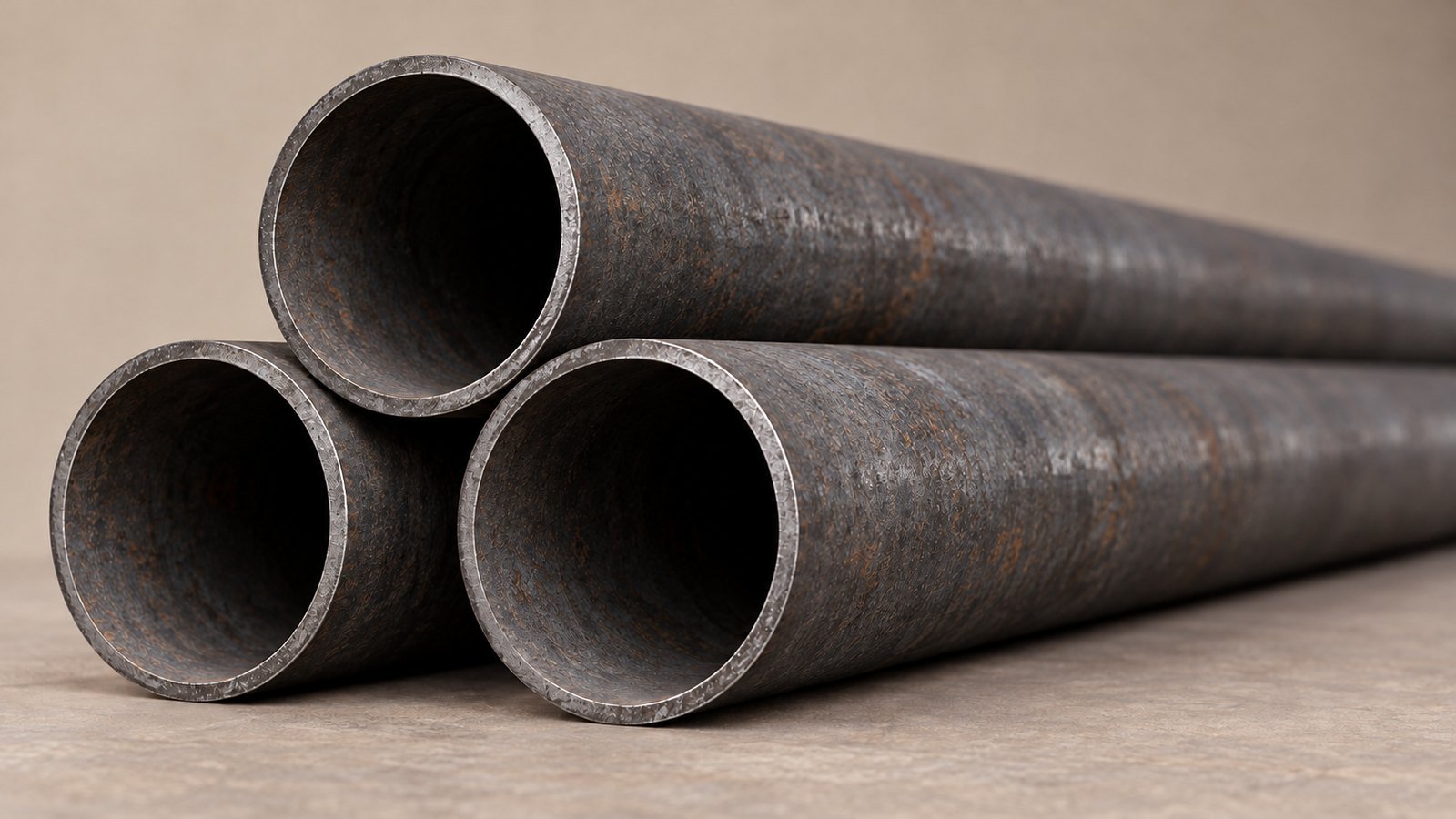 Representative product image: three stacked round weathering-steel tubes, with circular open ends and lengths receding to the right. Predominantly grey steel with light, patchy surface rust.