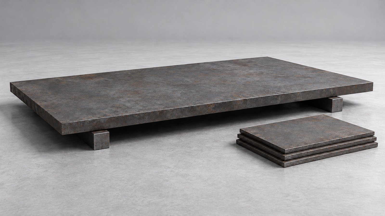 Representative product image: a broad weathering-steel plate on low supports beside three smaller flat sheets. Predominantly grey steel with light, patchy surface rust.