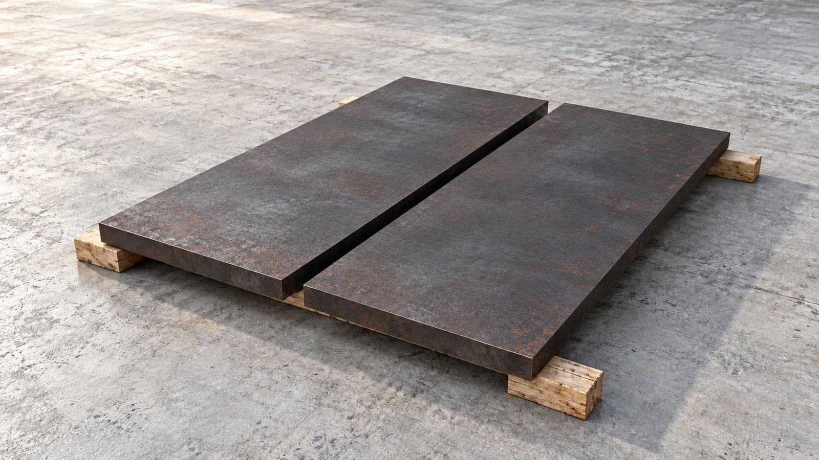 Representative product image: two thick weathering-steel plates resting side by side on timber skids. Predominantly grey steel with light, patchy surface rust.