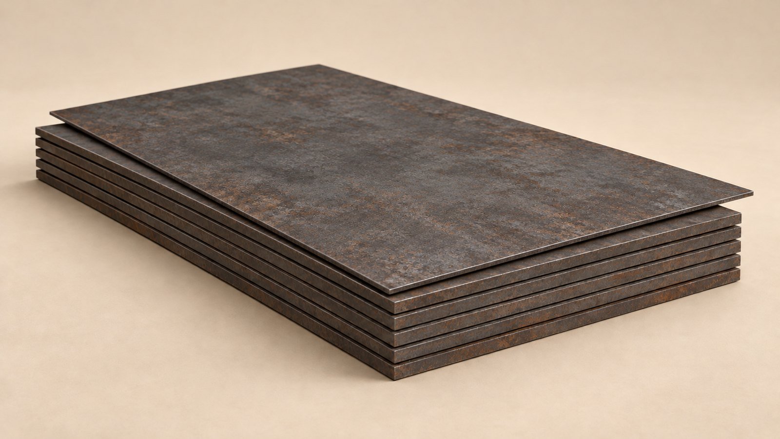 Representative product image: stacked thin weathering-steel plates with the top plate offset to reveal layered edges. Predominantly grey steel with light, patchy surface rust.